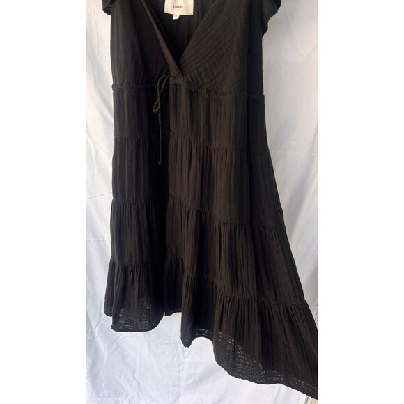 Xirena Black Tiered Mini Dress V Neck Flutter Sleeves Bow Drawstring Flowy Gauze - Picture 4 of 9
